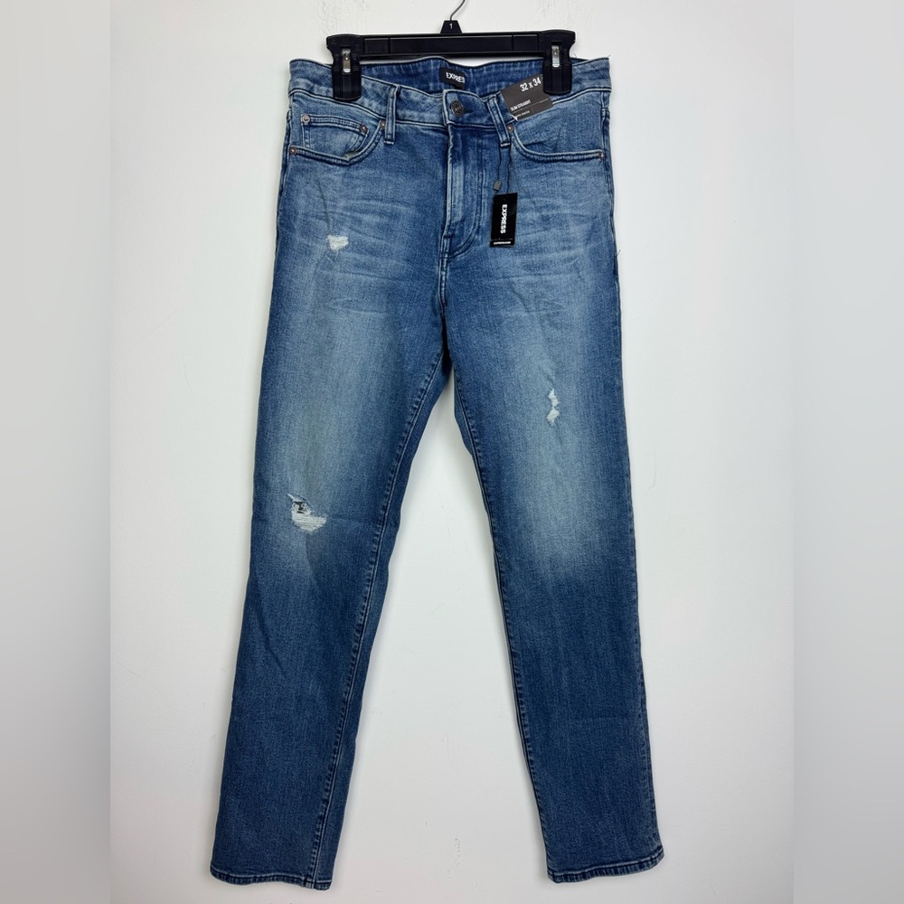 Express Men’s Medium Wash Slim Straight Leg Distressed Jeans Size 32 x 34 NEW